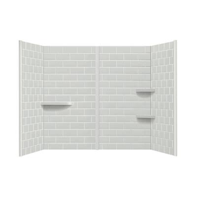 Subway 60 in. W x 60 in. H Four Piece Glue Up Marble Alcove Tub Surround in Glossy Gray with Shelves, Trims