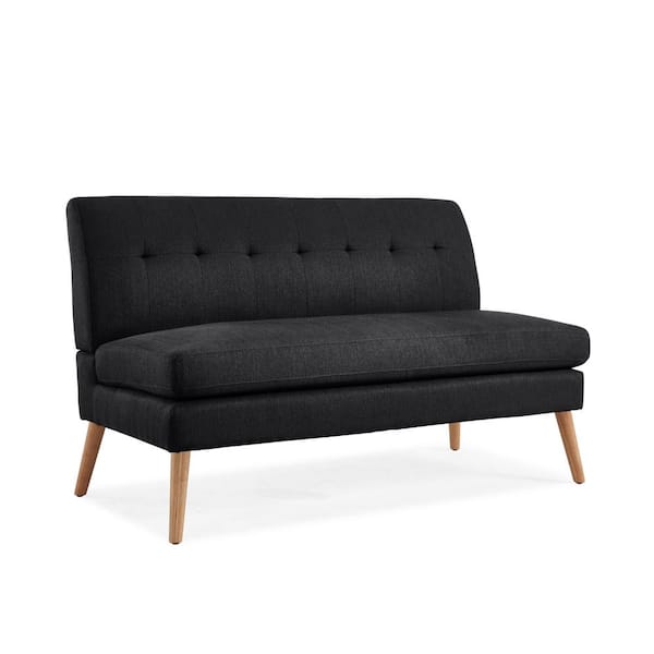 Handy Living Werner 55.1 in. Midnight Black Linen-like Fabric with Natural Legs 2 Seat Mid Century Modern Armless Loveseat