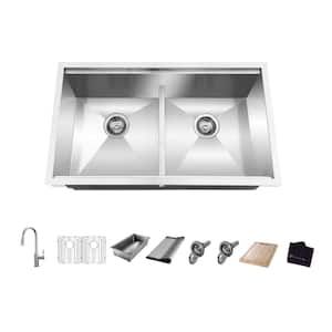 AIO Zero Radius Undermount 18G Stainless Steel 33 in. 50/50 Double Bowl Workstation Kitchen Sink, Pull-Down Faucet