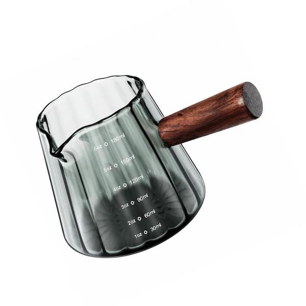 Borosilicate Gray Glass Measuring Cup with Insulated Wood Handle, V-Shape Spout, and Easy-Read Measurement Scale