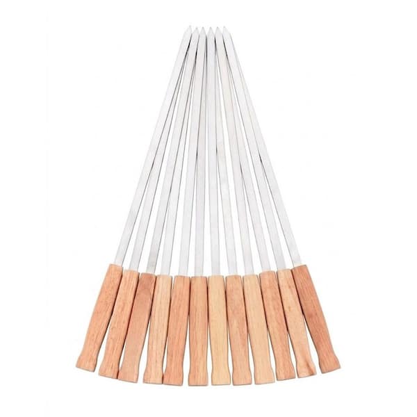 17 in. 12 Pack Long Flat Stainless Steel BBQ Skewers with Wooden Handle for Grilling Meat Chicken Shrimp