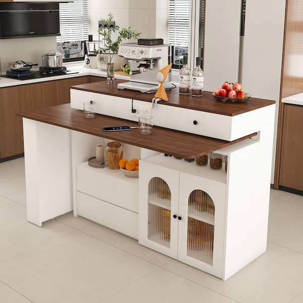 Pellmont Modern Walnut Finish MDF Wood Pedestal Extendable Rotating Dining Table, Storage Cabinet, Seats 2/4