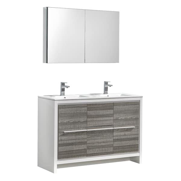 Fresca Allier Rio 48 in. Bathroom Vanity in Ash Gray with Double Ceramic Vanity Top in White with White Basins,Medicine Cabine