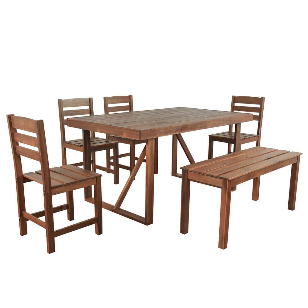 Brown 6-Piece High-Quality Acacia Wood Outdoor Dining Table Set with 5-Chai