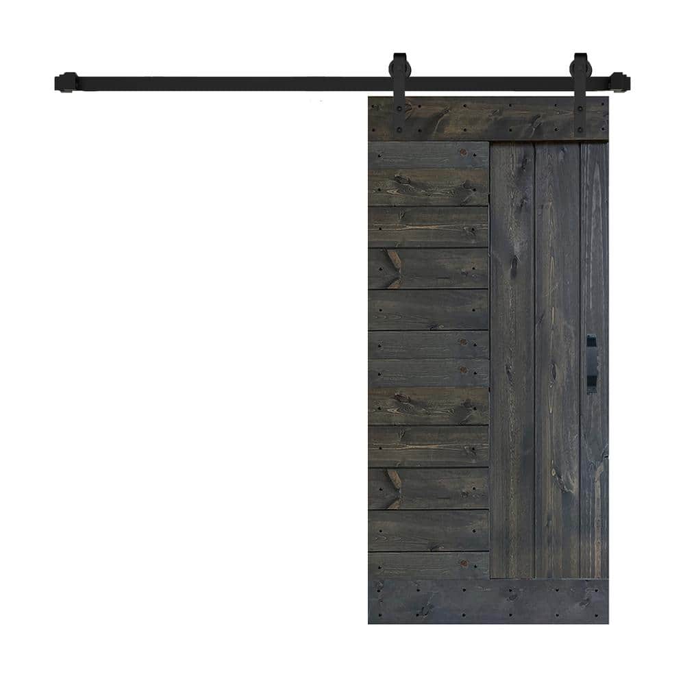 Carbon Gray Solid Knotty Pine Sliding Barn Door Kit with Black Hardware
