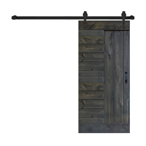 ISLIFE L Series 36 in. x 84 in. Carbon Gray Finished Solid Wood Sliding Barn Door with Hardware Kit - Assembly Needed
