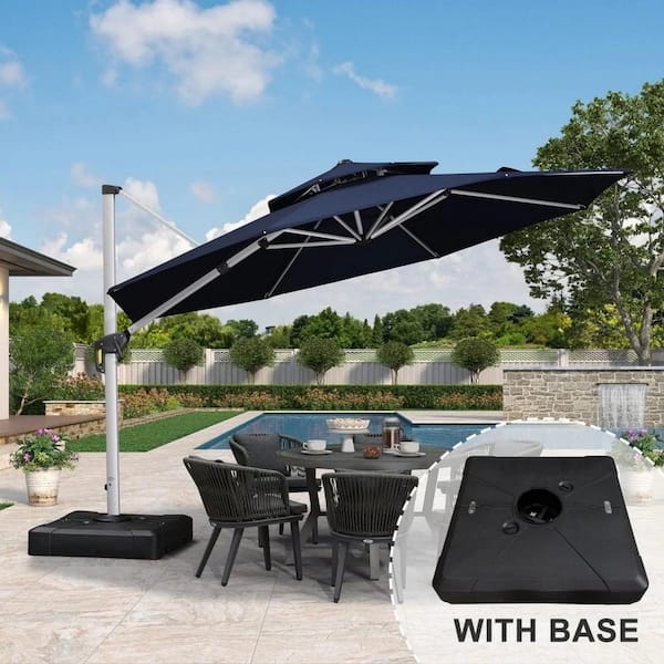 PURPLE LEAF 12 ft. Octagon High-Quality Aluminum Cantilever Polyester Outdoor Patio Umbrella with Base, Navy Blue