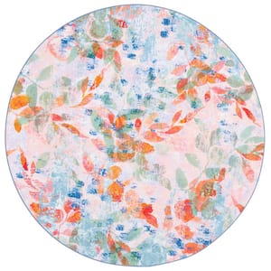 Paint Brush Blush Pink/Green 7 ft. x 7 ft. Machine Washable Gradient Floral Round Area Rug