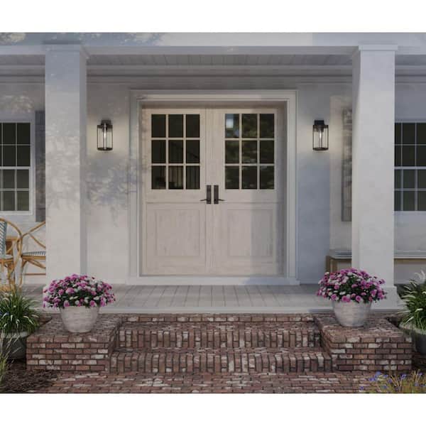 Whitmire 1-Light Matte Black with Aged Oak Accents Clear Seeded Glass Farmhouse Outdoor Wall Lantern Sconce