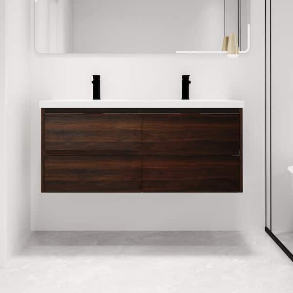 ARTCHIRLY 47.6 in. W x 18.3 in. D x 21.3 in. H Wall-Mounted Bath Vanity in Brown with White Resin Vanity Top