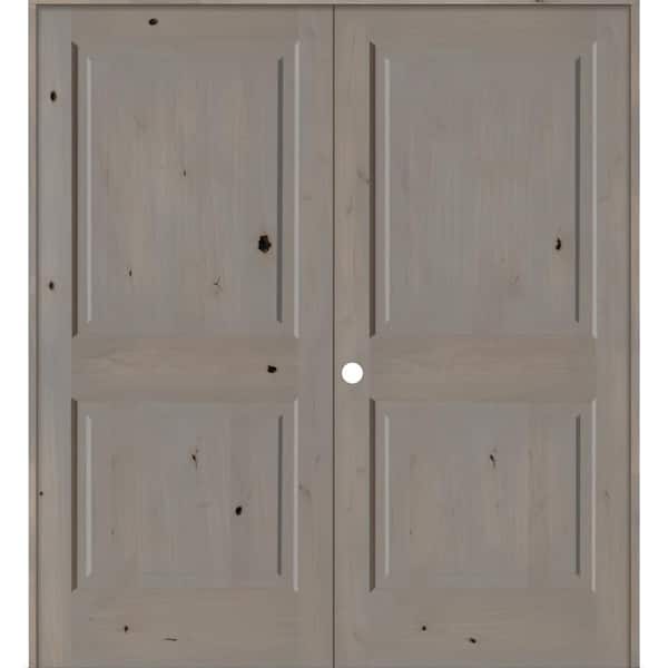 Krosswood Doors 60 in. x 80 in. Rustic Knotty Alder 2-Panel Right-Handed Grey Stain Wood Double Prehung Interior Door with Square-Top