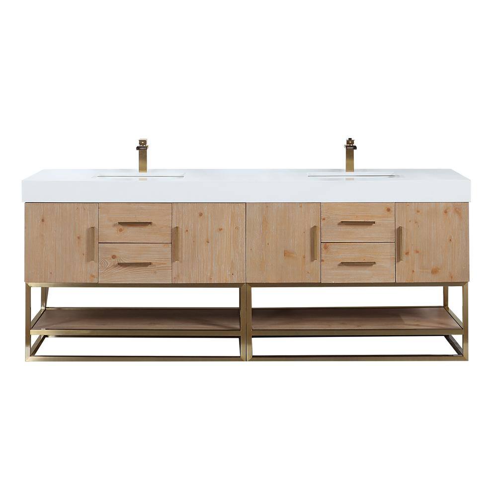 Bianco 84" Light Brown Wood Vanity with Composite Stone Top