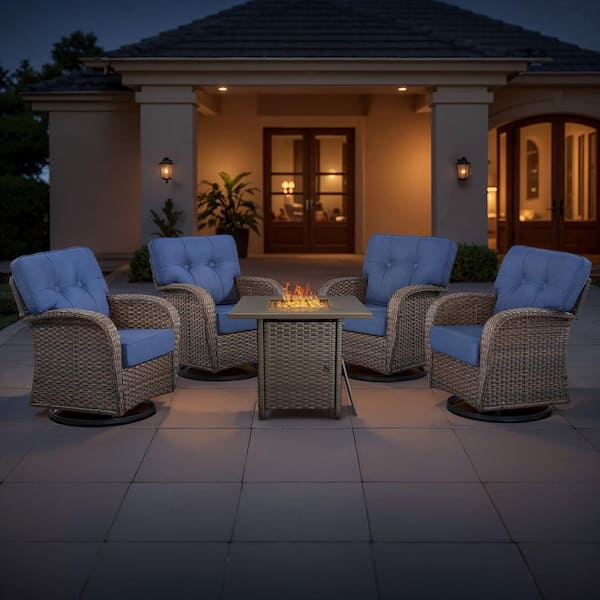TWrap Brown 5-Piece Wicker Patio Fire Pit Set, 4-Person Seating Set with Olefin Navy Blue Cushions and Swivel Rockers