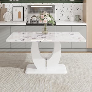 Modern Rectangle White Faux Marble Pedestal Dining Table Seats for 6 (62.99 in. L x 30.31 in. H)