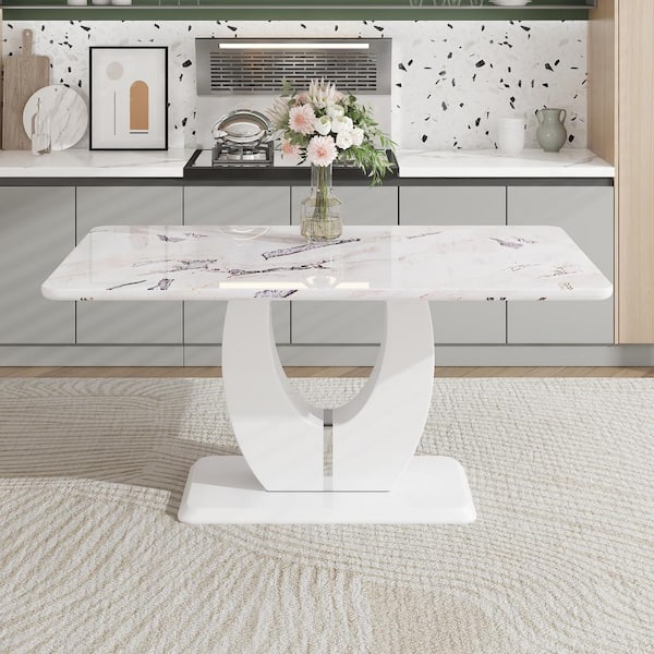 Polibi Modern Rectangle White Faux Marble Pedestal Dining Table Seats for 6 (62.99 in. L x 30.31 in. H)