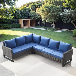 Valenta Brown Wicker Outdoor Sectional with Blue Cushions