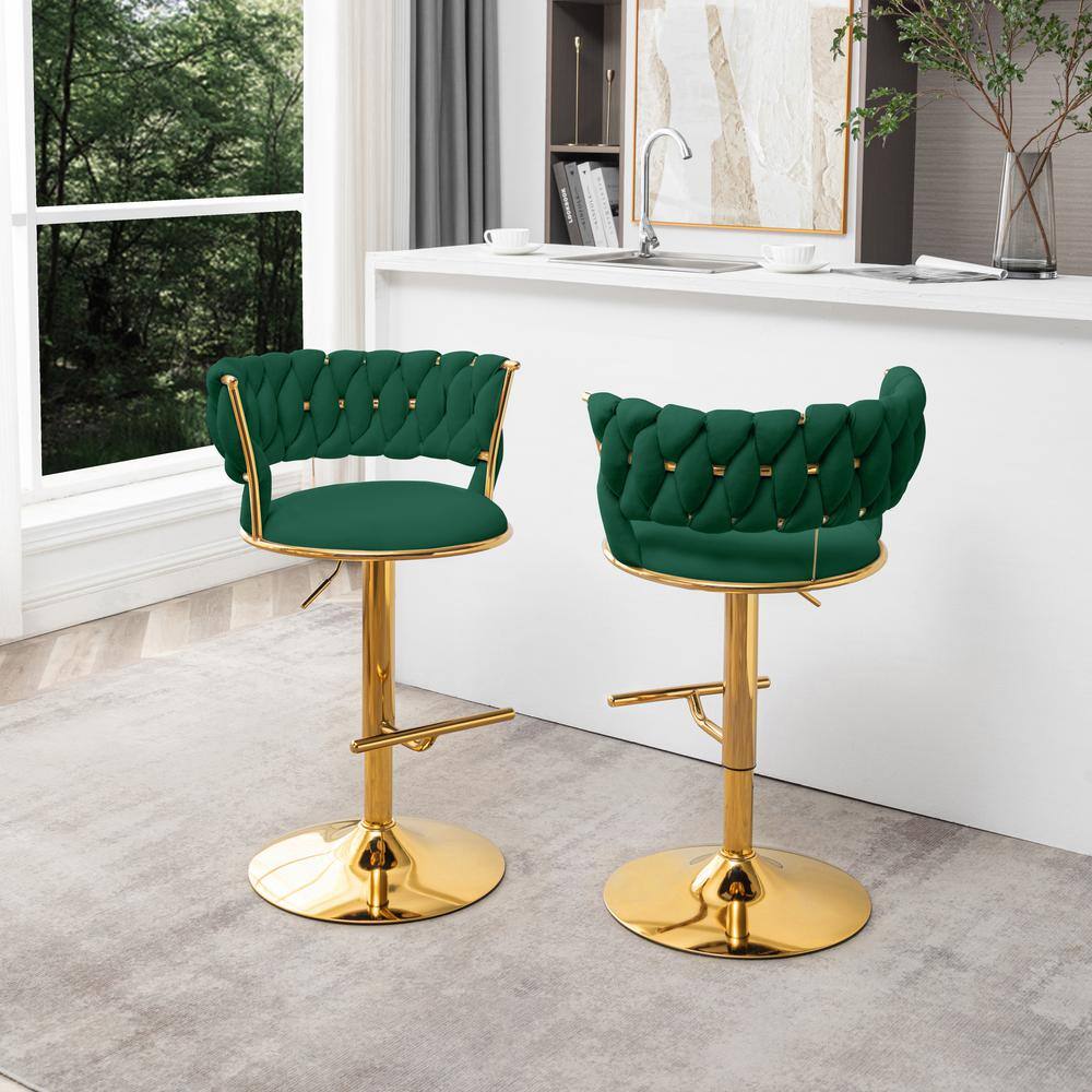 Emerald Green Velvet Adjustable Swivel Bar Stools with Gold Base, Set of 2