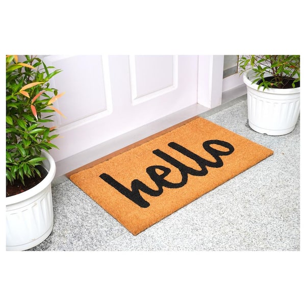 Hello Natural/Black Script 24 in. x 36 in. Door Mat