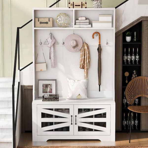 Unbranded 43.3 in. W x 15 in. D x 69.1 in. H White Wood Hall Tree with 7 Hooks, Coat Rack, 3-in-1 Design and Adjustable Shelves