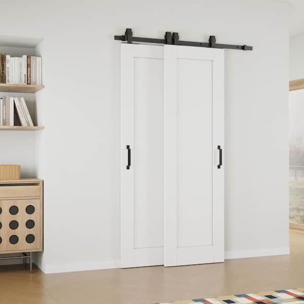 40 in. x 80 in. (Double 24 in. ) 1-Panel White Primed Solid Core MDF Interior Sliding Door with Hardware Kit Bypass