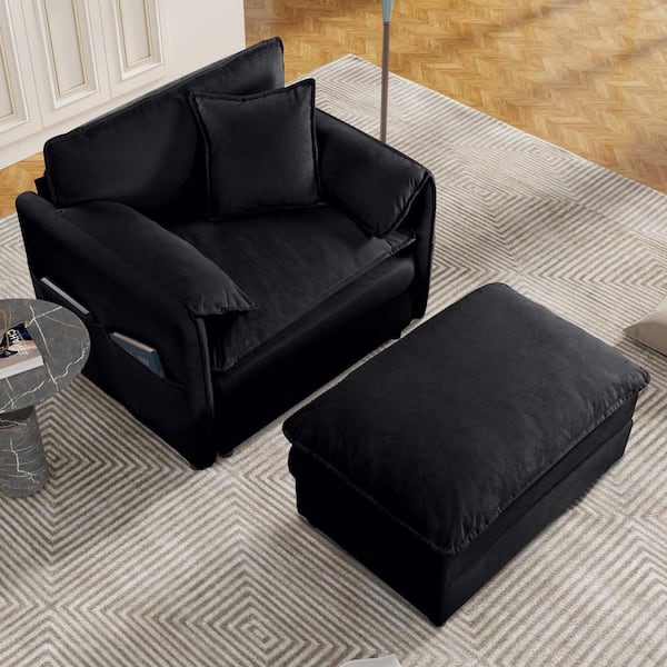 Cary 2-Piece Black Upholstered Chenille Oversized Arm Chair and Ottoman Set with Pillows, Storage Pockets