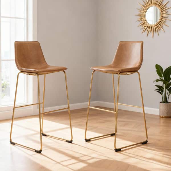 Lexadine 34 in. H Light Brown/Gold Low Back Metal Framed Bar Stool with Upholstery Seat Set of 2