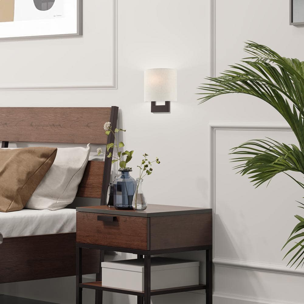 Hayworth Bronze 1-Light Dimmable Wall Sconce with Oatmeal Shade