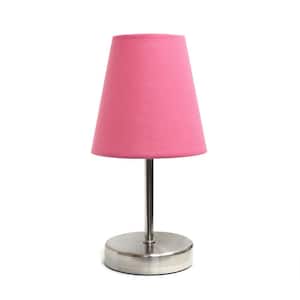 10.5 in. Sand Nickel Mini Basic Table Lamp with Pink Fabric Shade