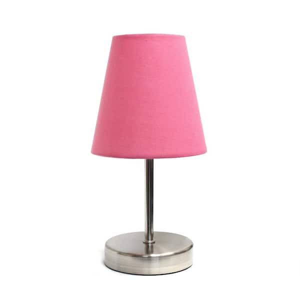 Simple Designs 10.5 in. Sand Nickel Mini Basic Table Lamp with Pink Fabric Shade
