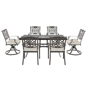 7-Piece Cast Aluminum Outdoor Dining Set with Rectangle Dining Table and Flower-Shaped Chairs with Beige Cushions