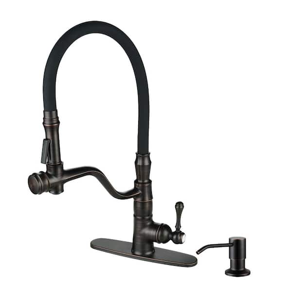 IVIGA Single Handle Brass High Arc Pull Down Sprayer Kitchen Faucet with Deckplate and Soap Dispenser in Oil Rubbed Bronze