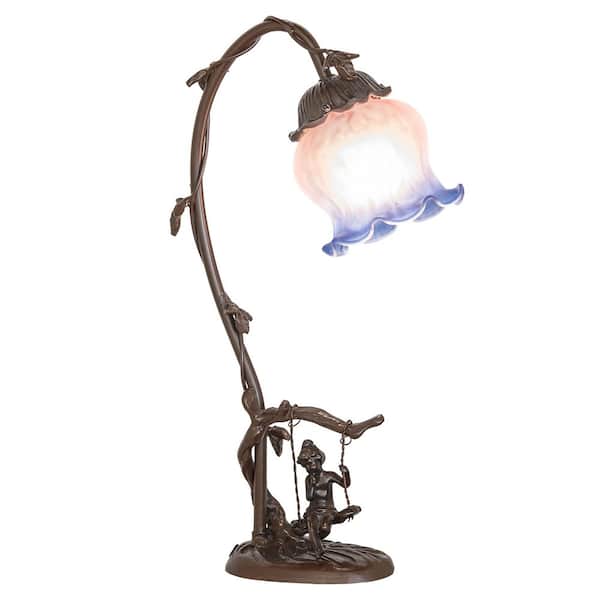 Melon Flower 16 in Timeless Bronze Victorian Novelty Table Lamp with Pink & Blue Glass Shade