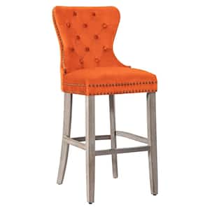 Harper 29 in. High Back Nail Head Trim Button Tufted Orange Velvet Counter Stool with Solid Wood Frame in Antique Gray