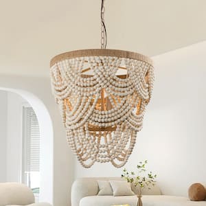 Hatfield 4-Light Bohemia Style Natural Wood Beaded Tiered Chandelier with Rope Accents