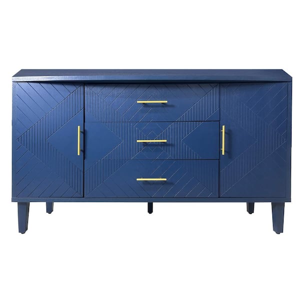 COWLOWN 55.1 in. W x 15.7 in. D x 32.6 in. H Navy Blue Linen Cabinet with 2-Door 3-Drawer, Carved Effect