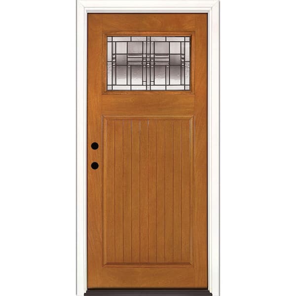 Feather River Doors 37.5 in. x 81.625 in. Monroe Patina Craftsman 1/4 Lite Stained Honey Mahogany RH Inswing Fiberglass Prehung Front Door