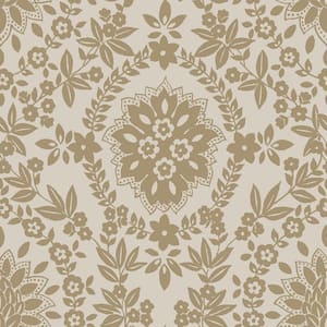 Grey Taupe and Gold Boho Baroque Damask Peel and Stick Wallpaper