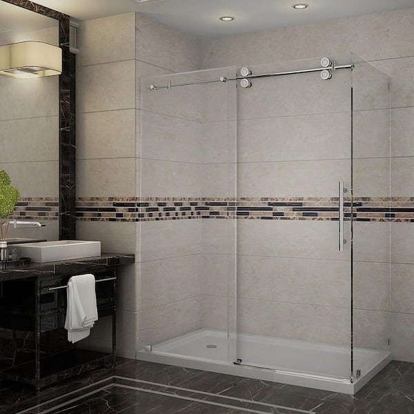 Aston Langham 60 in. x 35 in. x 77-1/2 in. Completely Frameless Shower Enclosure in Chrome with Left Base