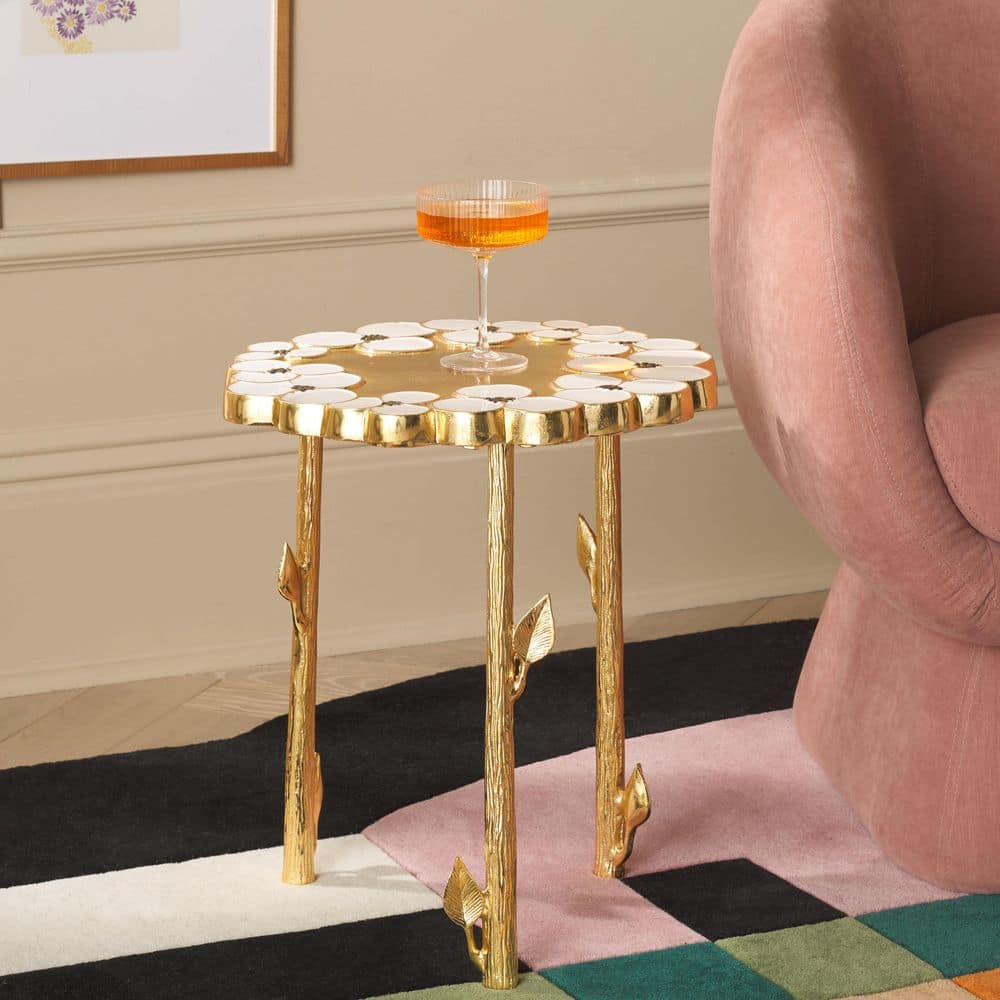 Florance 16 in. Gold/White Specialty Metal End Table