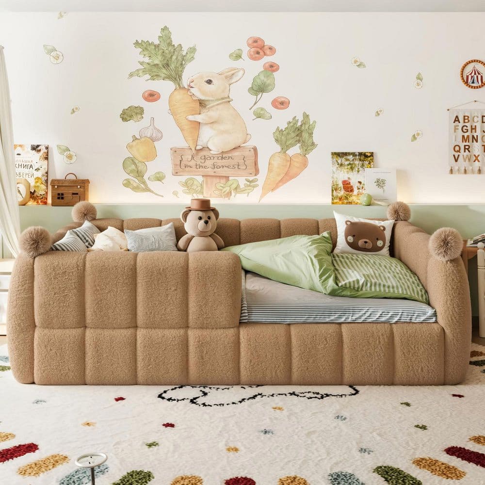 Brown Wood Frame Full Size Upholstered Floor Platform Bed with Full Surround Safety Rails