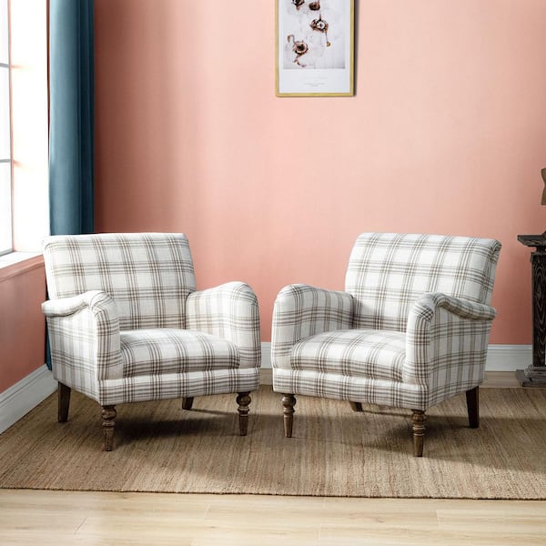 Mandan Tan Contemporary and Classic Upholstered Plaid Pattern Accent Armchair with Turned Solid Wood Legs Set of 2