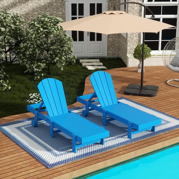 Laguna 2-Piece Fade Resistant HDPE Plastic Adjustable Outdoor Adirondack Chaise Loungers with Wheels in Pacific Blue