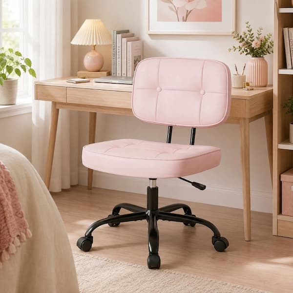 Ergonomic PU Leather Button Backrest Adjustable Height Computer Rolling Task Chair in Pink with Armless