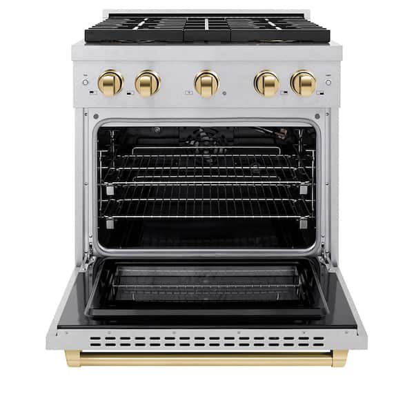 Autograph 30 in. 4.2 cu. ft. Paramount Gas Range with 4-Burner Cooktop and Gas Oven in Satin Stainless and Gold