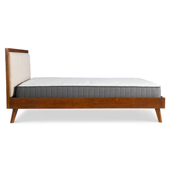Ames Mid Century Walnut Brown Wood Frame Queen Platform Bed with Oatmeal Tufted Headboard