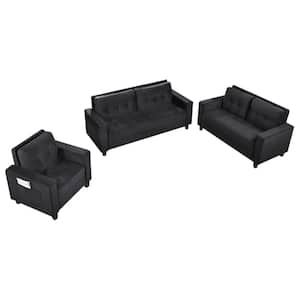 76.5 in. W Square Arm 3-Piece Velvet Modern Sectional Sofa in Black with Wood Legs (Set of 3)