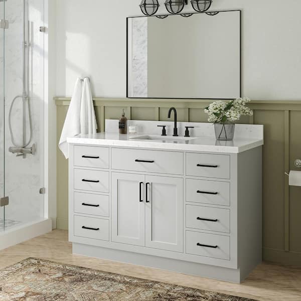 ARIEL Hepburn 54 in. W x 22 in. D x 36 in. H Single Sink Freestanding Bath Vanity in Grey with Carrara Quartz Top