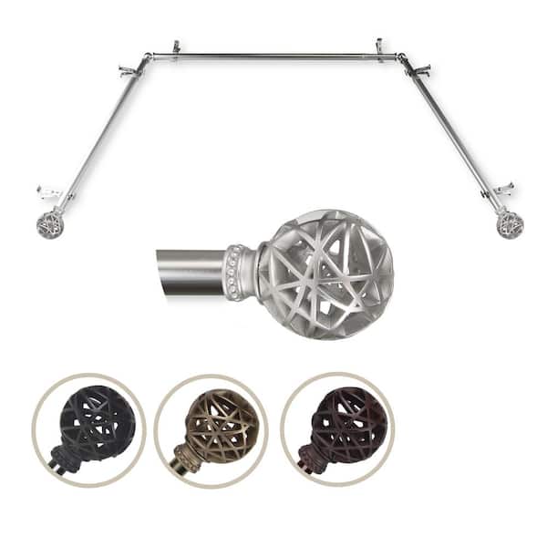 EMOH 13/16" Dia Adjustable Bay Window Single Curtain Rod 20 to 36", 38 to 72" in Satin Nickel with London Finials