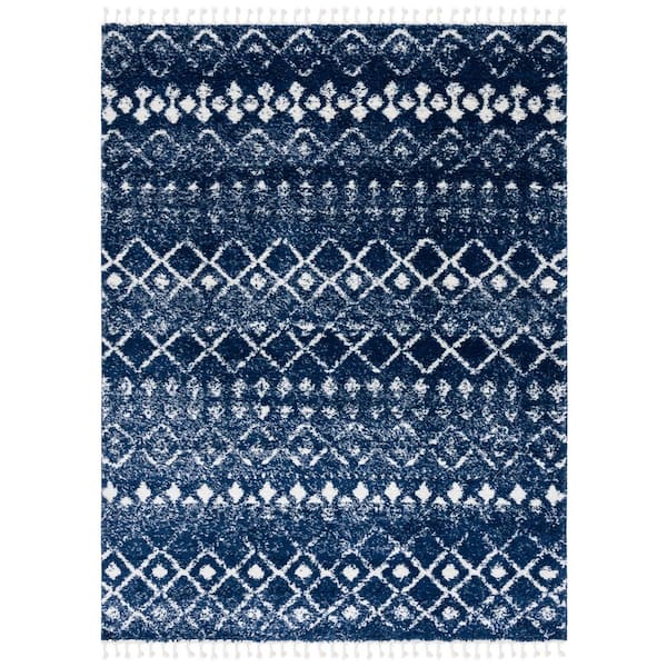 Berber Fringe Shag 7 ft. x 9 ft. Navy/Ivory Diamond Striped Ikat Area Rug