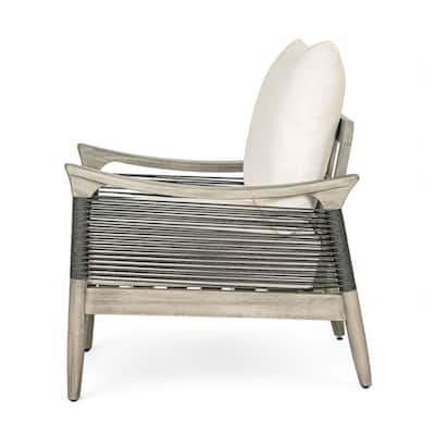 Poppy Outdoor Patio Cushioned Club Lounge Chair with Rope Weave, Acacia Wood, Beige and Grey